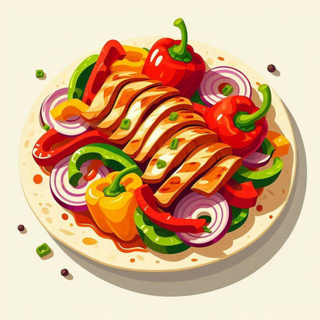 Tasty chicken kebab with vegetables on plate. Vector illustrationのイラスト素材