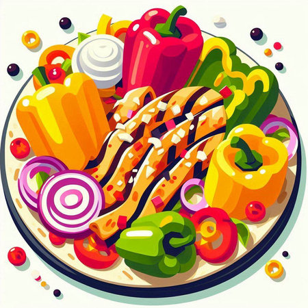 Illustration of hot dog with vegetables on plate. Vector illustration.のイラスト素材