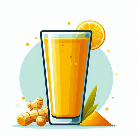 Vector illustration of a glass of fresh turmeric smoothie with orange and gingerのイラスト素材