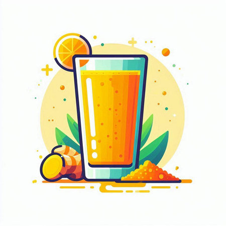 Vector illustration of a glass of orange juice with a slice of orange and spices.のイラスト素材