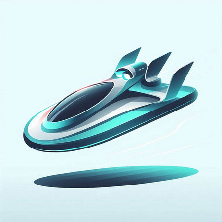 illustration of speedboat in futuristic style on light blue background.のイラスト素材