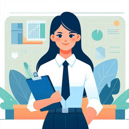 Young businesswoman standing in the office. Vector illustration in cartoon style.のイラスト素材