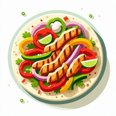 Salad with grilled meat and vegetables on plate. Vector illustration.のイラスト素材