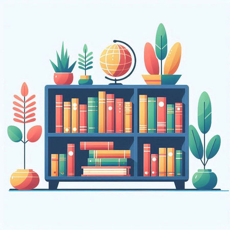 Bookshelf with books and plants. Vector illustration in flat styleのイラスト素材