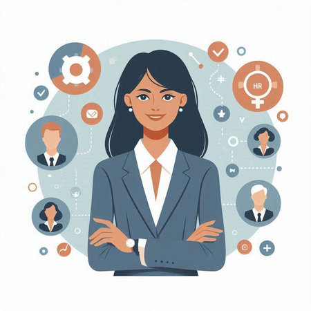 Vector illustration of a businesswoman standing with crossed arms and looking at cameraのイラスト素材