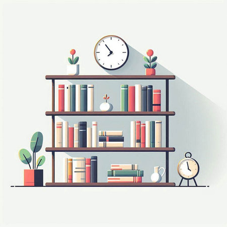 Bookshelf with books and alarm clock. Flat style vector illustration.のイラスト素材