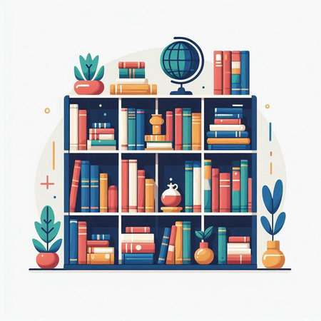 Bookshelf with books and accessories. Flat design vector illustration.のイラスト素材