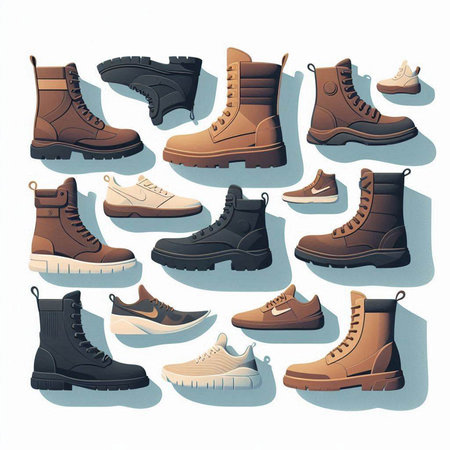 Set of different types of boots isolated on white background. Vector illustration.のイラスト素材