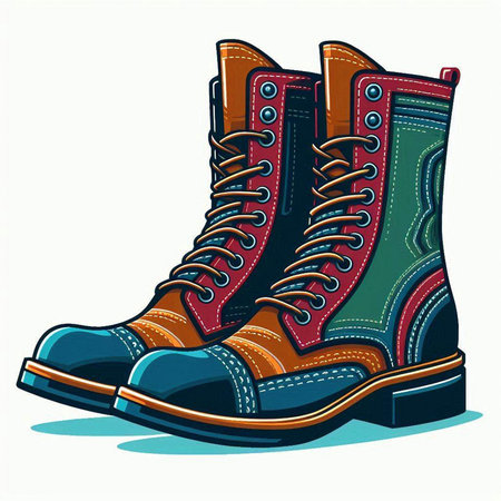 Vector illustration of a pair of blue and red leather hiking boots.のイラスト素材