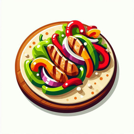 Grilled sausages with vegetables on plate. Vector illustration.のイラスト素材