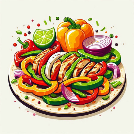 Mexican tacos with chicken, vegetables and sauce. Vector illustration.のイラスト素材
