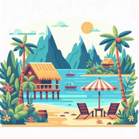 Tropical landscape with bungalows, palm trees, sea and mountains. Vector illustrationのイラスト素材