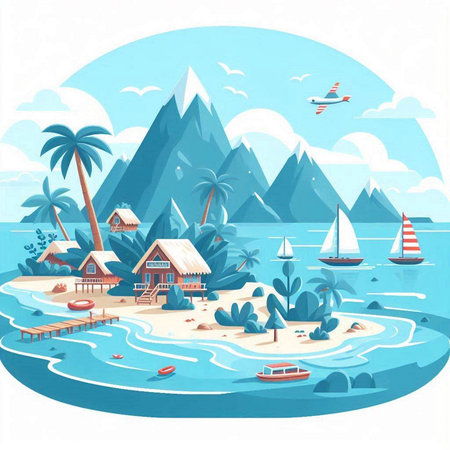 Vector illustration of a tropical island with bungalows, palm trees, boats and mountainsのイラスト素材
