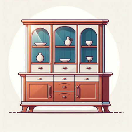 Cabinet with cupboards and vases. Vector illustration.のイラスト素材