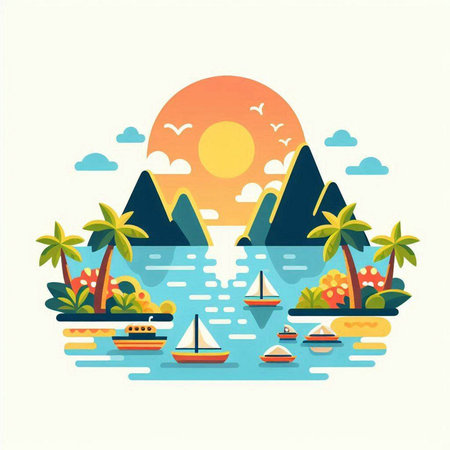 Tropical island with palm trees, boats and sunset. Vector illustrationのイラスト素材