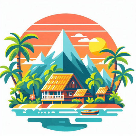 Landscape of tropical island. Vector illustration in flat design style.のイラスト素材