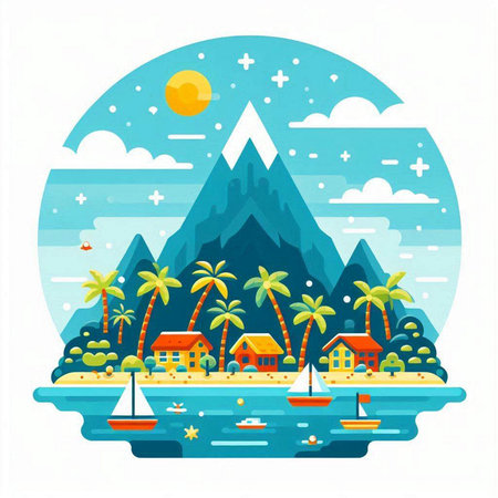 Vector illustration of a tropical island with palm trees, mountains and sailboats.のイラスト素材