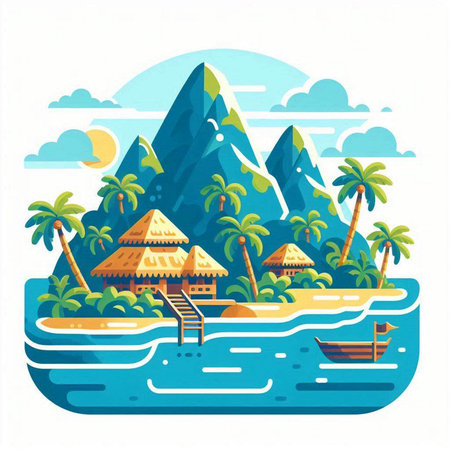 Tropical island with palm trees, boats and mountain. Vector illustrationのイラスト素材