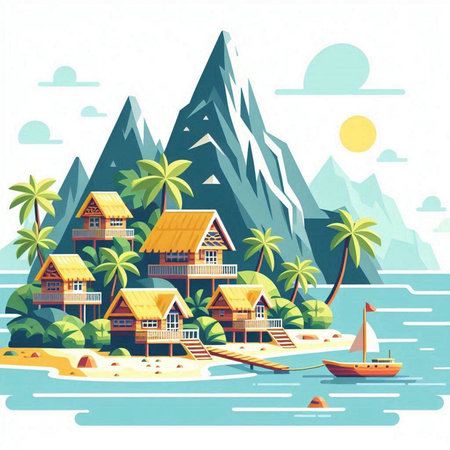 Vector illustration of a tropical island with bungalows and palm treesのイラスト素材