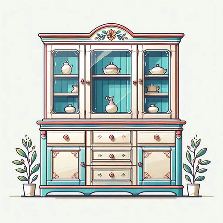 Illustration of a beautiful vintage cupboard with dishes. Vector illustration.のイラスト素材