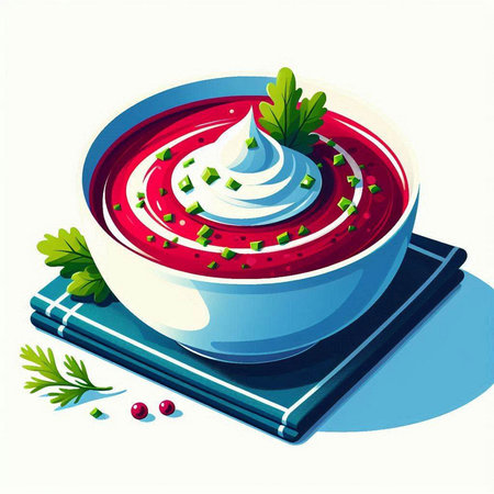 Vector illustration of a bowl of borscht with sour cream and parsleyのイラスト素材