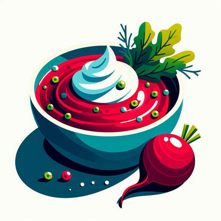 Beetroot soup with sour cream in a bowl. Vector illustration.のイラスト素材