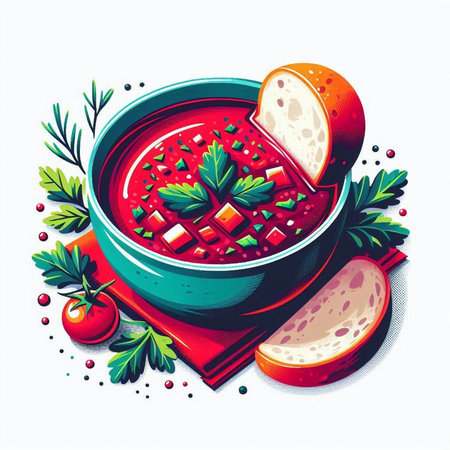 Tomato soup with parsley and dill in a bowl. Vector illustration.のイラスト素材