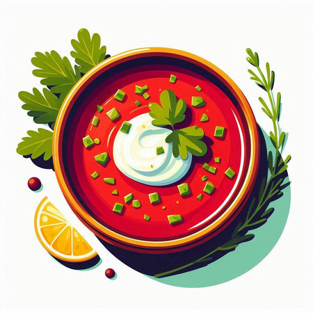 Borscht with sour cream and parsley. Vector illustration.のイラスト素材