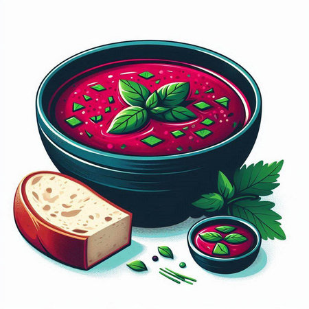 Vector illustration of a bowl of tomato soup garnished with parsley, basil and breadのイラスト素材