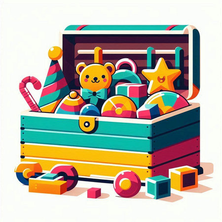 Wooden box with toys. Vector illustration in flat cartoon style.のイラスト素材