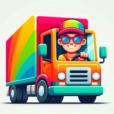 Cartoon happy boy driving a truck. Vector illustration for your designのイラスト素材