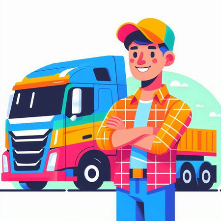 Courier in uniform and cap standing near truck. Flat vector illustration.のイラスト素材
