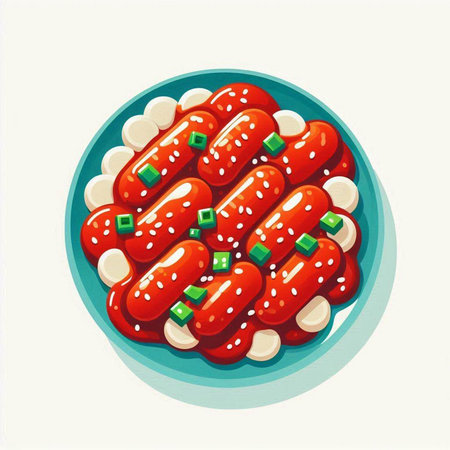 Sausages in tomato sauce on a plate. Vector illustration.のイラスト素材