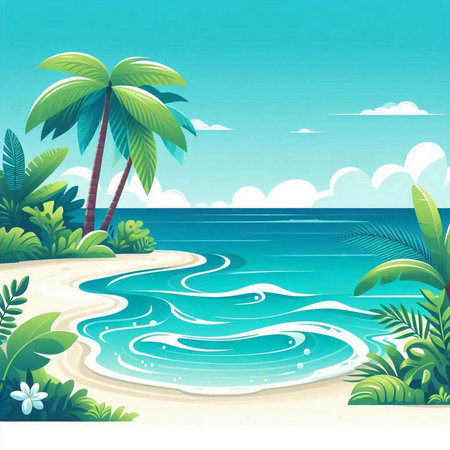 Tropical beach with palm trees and sea. Vector illustration.のイラスト素材