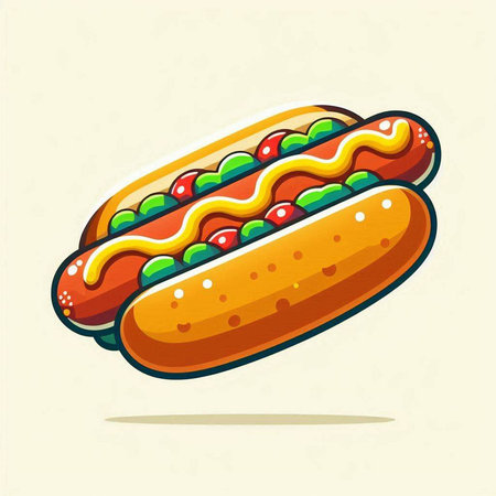 Hot dog with mustard and ketchup. Fast food vector illustration.のイラスト素材