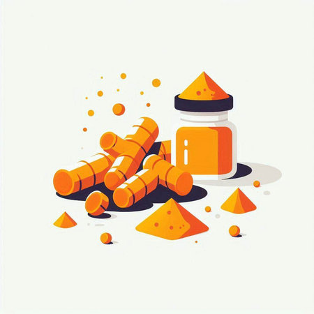 Turmeric powder in a glass jar. Vector illustration of spices.のイラスト素材