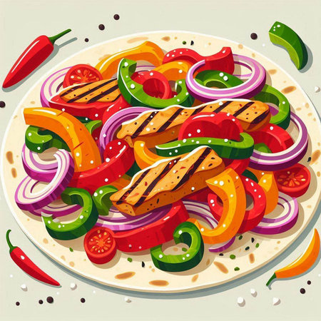 Vector illustration of a plate with grilled chicken kebab and vegetablesのイラスト素材
