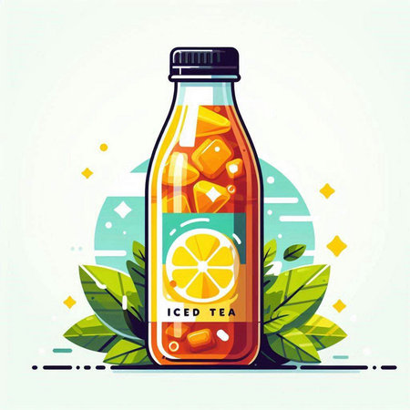 Bottle of lemonade with ice cubes and mint leaves. Vector illustration.のイラスト素材