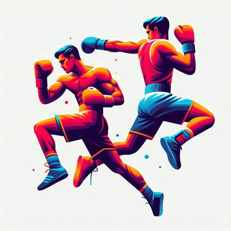 Boxing illustration with two kickboxers in action, vector illustrationのイラスト素材