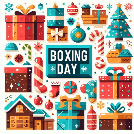 Boxing day banner with presents, christmas tree, candy canes, snowflakes and gift boxes. Vector illustration.のイラスト素材