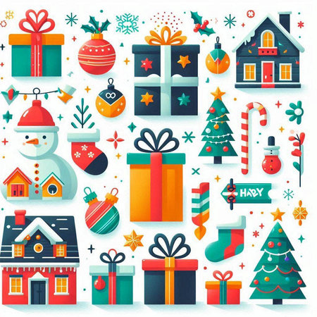 Set of Christmas and New Year flat icons. Vector illustration in cartoon style.のイラスト素材