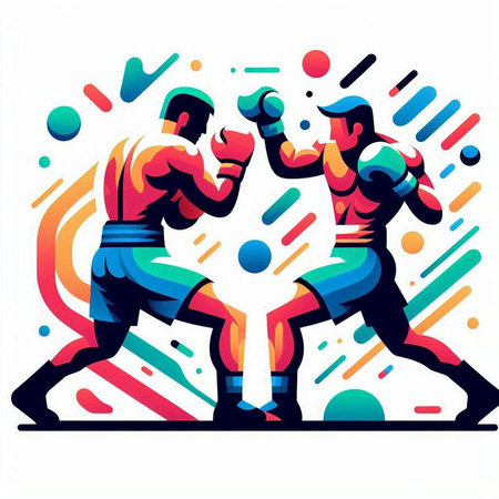 Boxing vector illustration with two boxers fighting in abstract colorful backgroundのイラスト素材