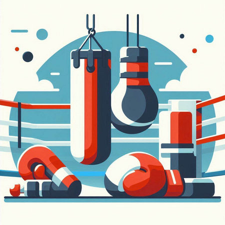 Vector illustration of boxing equipment in flat style. Sport and healthy lifestyle.のイラスト素材