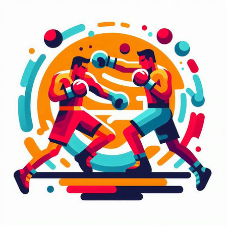 Boxing, fight, competition, vector concept illustration. Two boxing men in gloves are fighting.のイラスト素材
