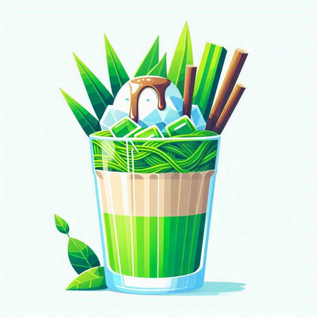Illustration of a cup of green tea with ice cream and bamboo sticksのイラスト素材