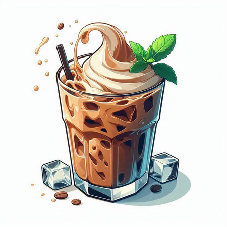 Iced chocolate drink with ice cubes and mint leaves. Vector illustration.のイラスト素材