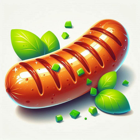 Illustration of a sausage with green leaves on a white background.のイラスト素材
