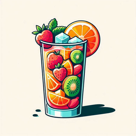 Fruit cocktail with strawberries, kiwi, orange, lemon and ice. Vector illustration.のイラスト素材