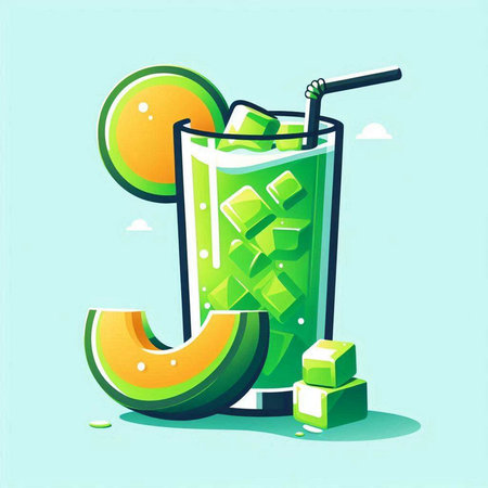 Green smoothie with melon and ice cubes. Vector illustration.のイラスト素材
