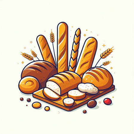 Illustration of a set of bread and rolls. Vector illustration.のイラスト素材